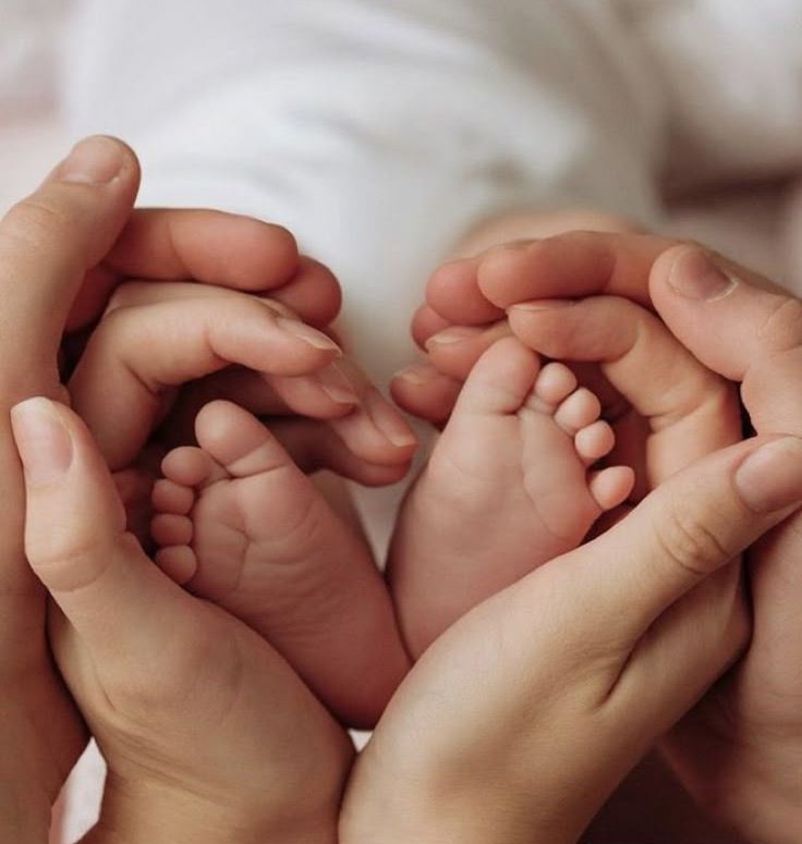 Pés do bebê nas mãos da família